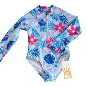 NWT Girls Angel Blue Tropical Long Sleeve Rash Guard One Piece Suit 2T UPF 50